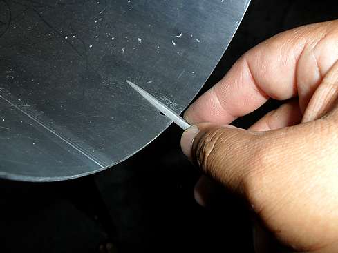 Filing final sized holes drilled in Main Tube to receive Lens Cell - 3 (Click to go to page)