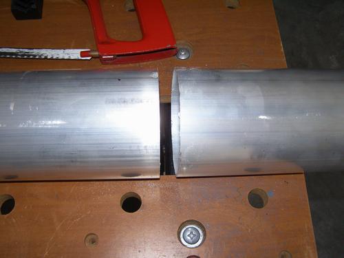 The main tube successfully cut to size with a hacksaw.